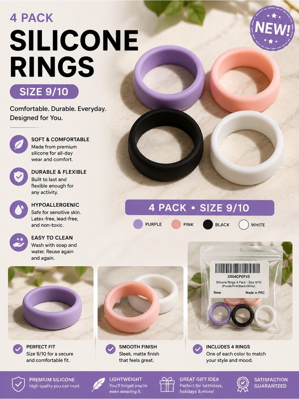 Set of 4 Silicone Fashion Rings - Lavender, Peach, Black, White size 9/10